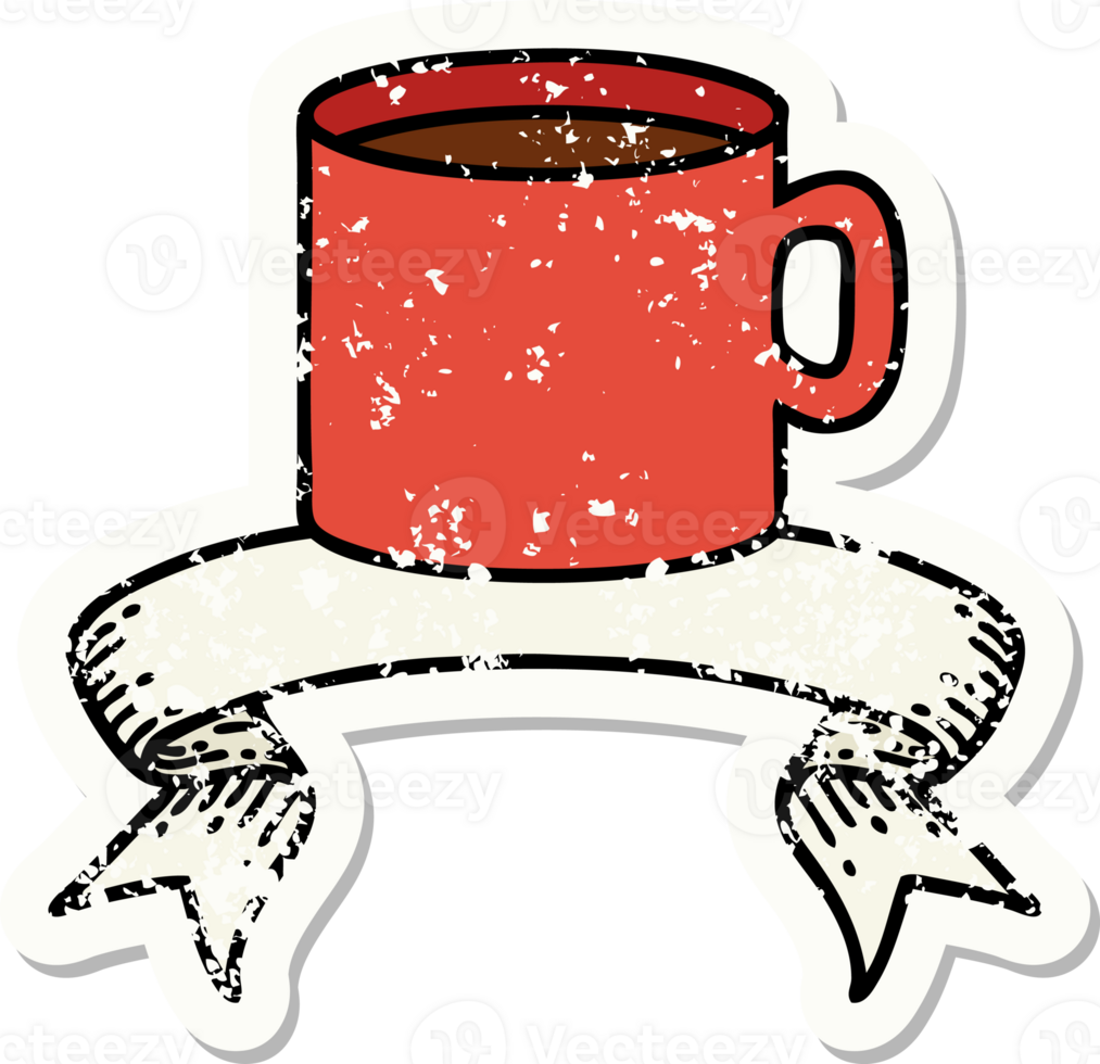 worn old sticker with banner of cup of coffee png