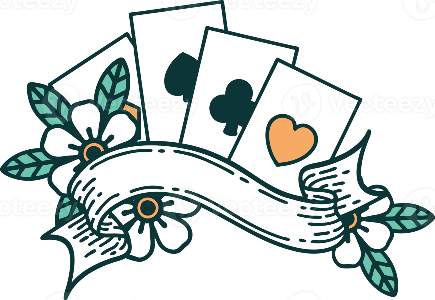 iconic tattoo style image of cards and banner png
