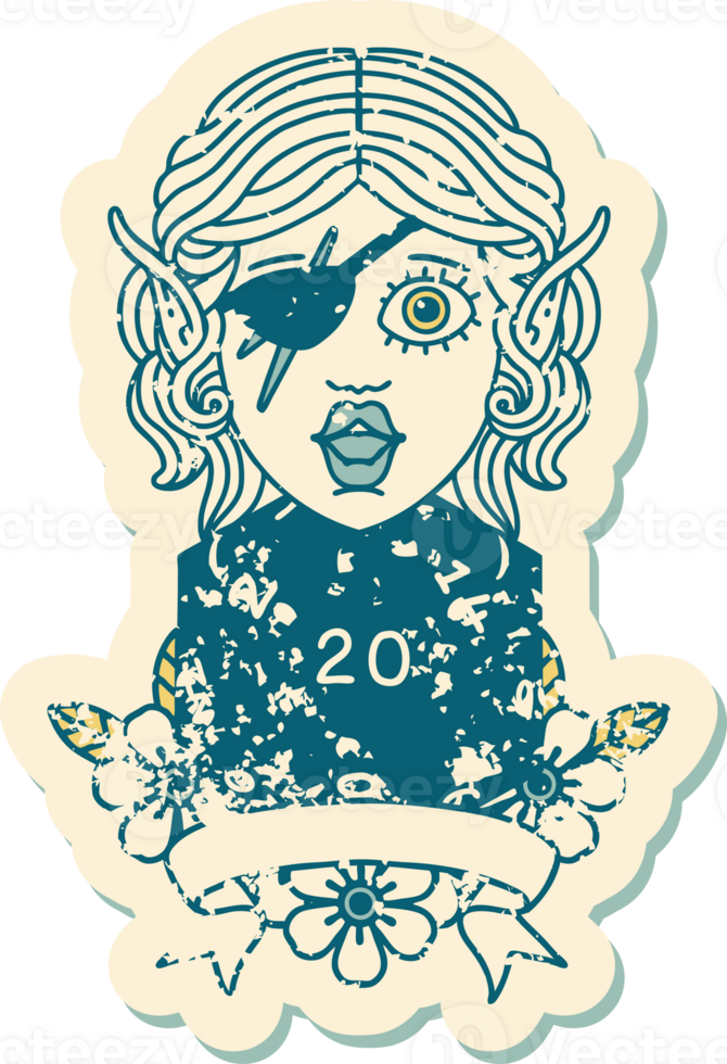 Retro Tattoo Style elf rogue character with natural twenty dice roll png