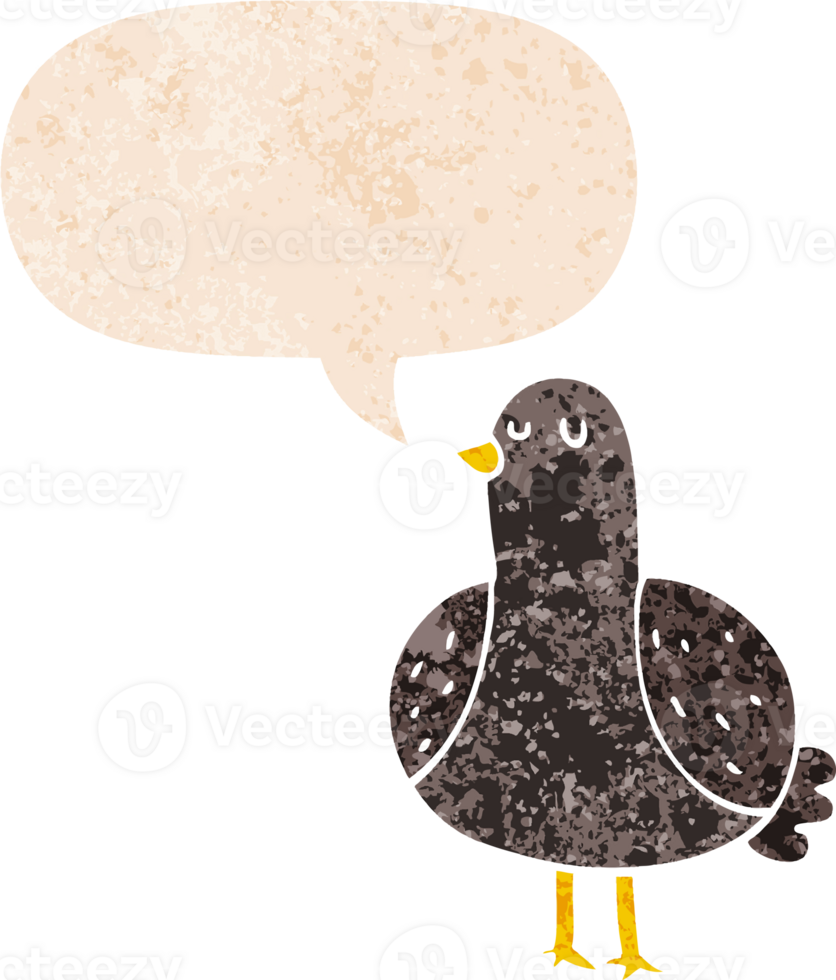 cartoon bird with speech bubble in grunge distressed retro textured style png