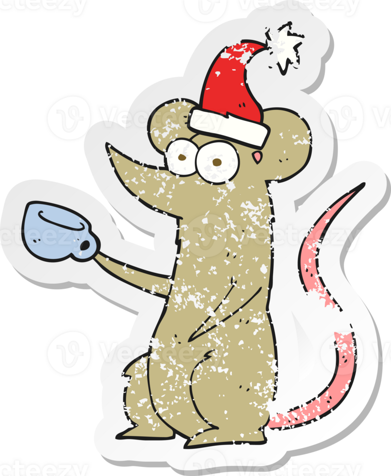 retro distressed sticker of a cartoon mouse wearing christmas hat png