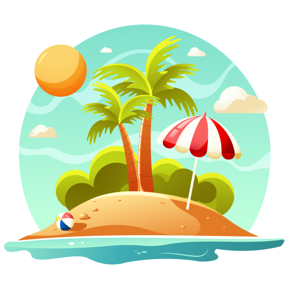 Tropical island with palm trees, sun and ball png