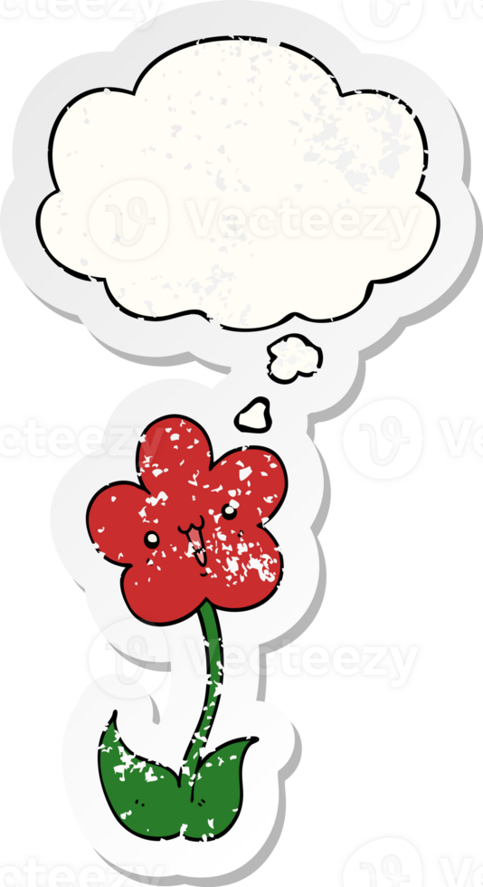 cartoon flower with thought bubble as a distressed worn sticker png
