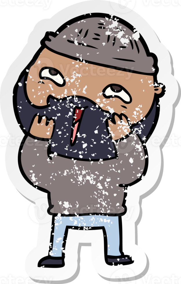 distressed sticker of a cartoon happy bearded man png