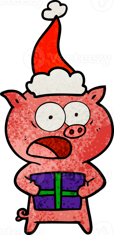 hand drawn textured cartoon of a pig with christmas present wearing santa hat png