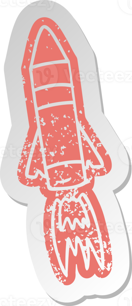 distressed old cartoon sticker of a space rocket png