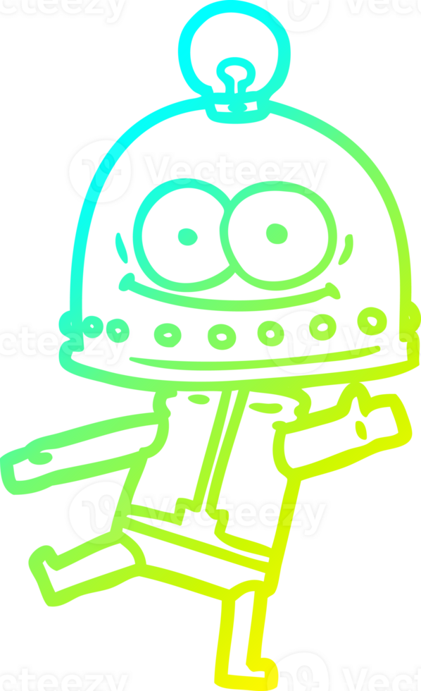cold gradient line drawing of a happy carton robot with light bulb png