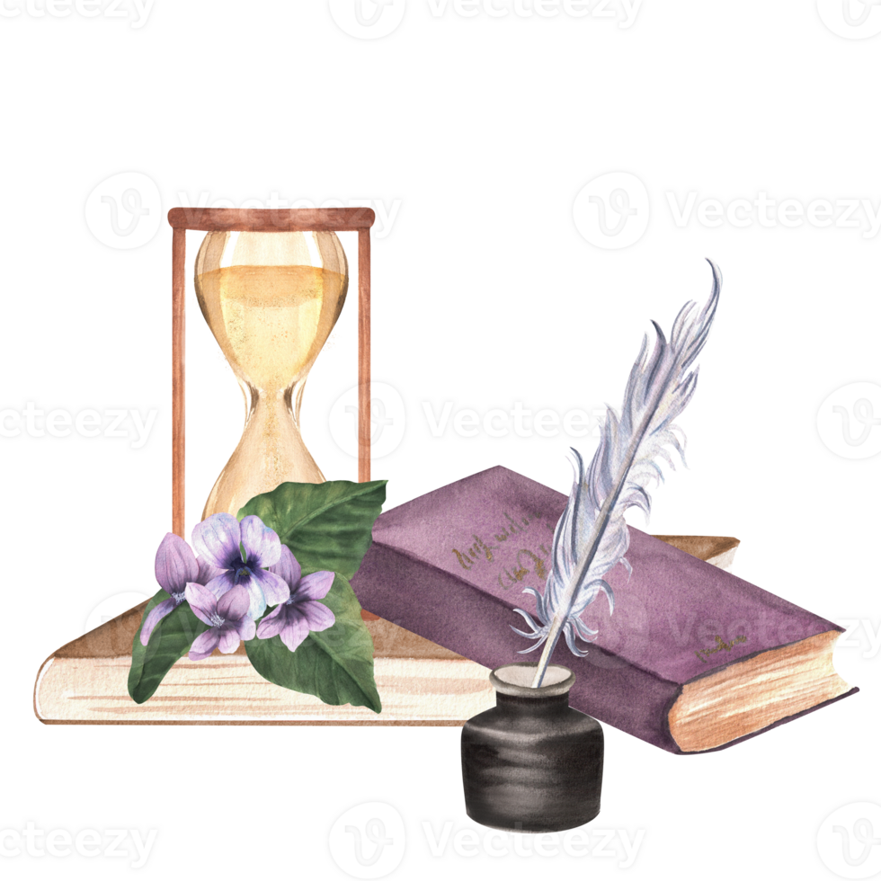 Hourglass, old books, inkwell and quill for calligraphy and violet flowers. Hand-drawn watercolor vintage illustration. png