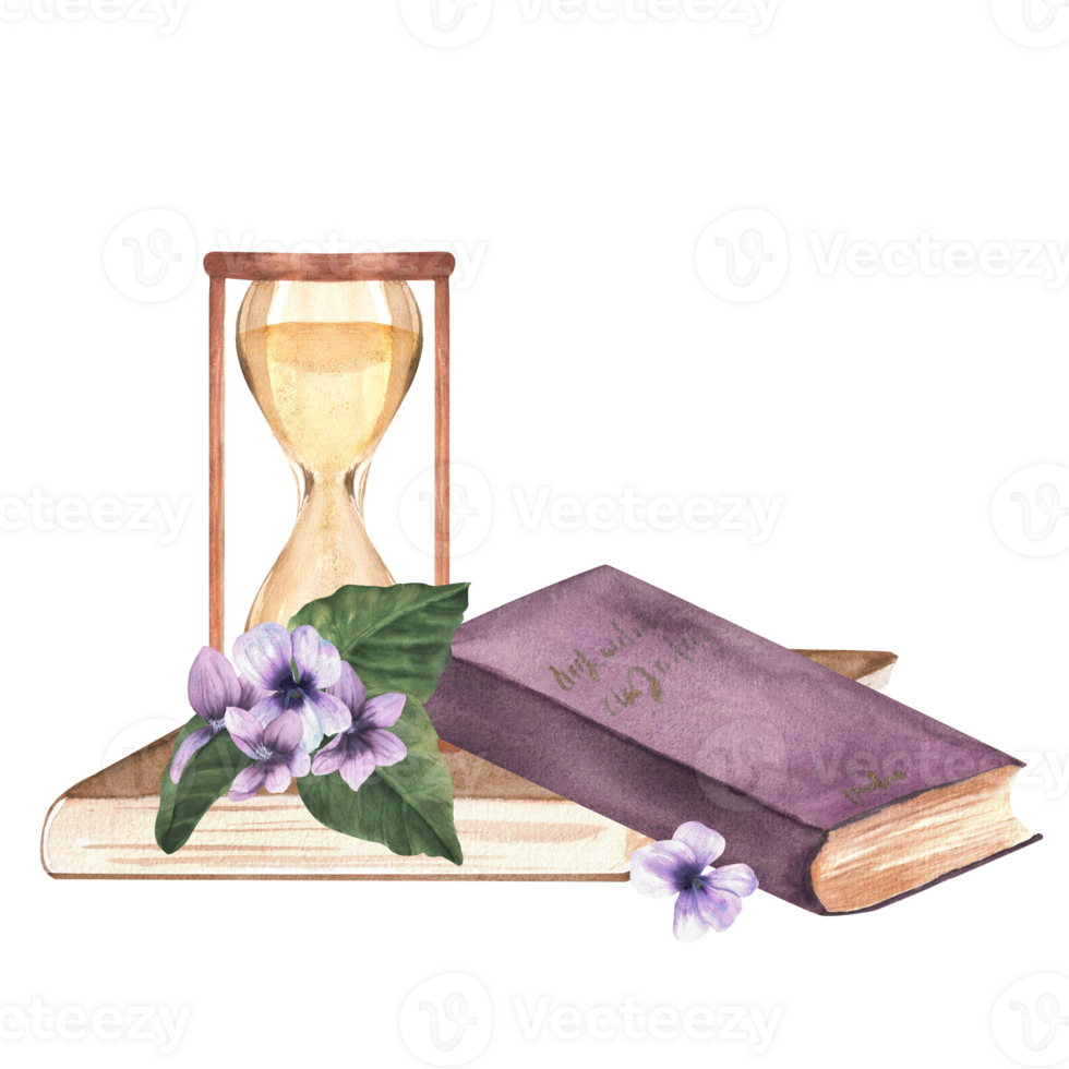 Hourglass standing on an old book, a book lying next to it and violet flowers. Hand-drawn watercolor vintage illustration. png