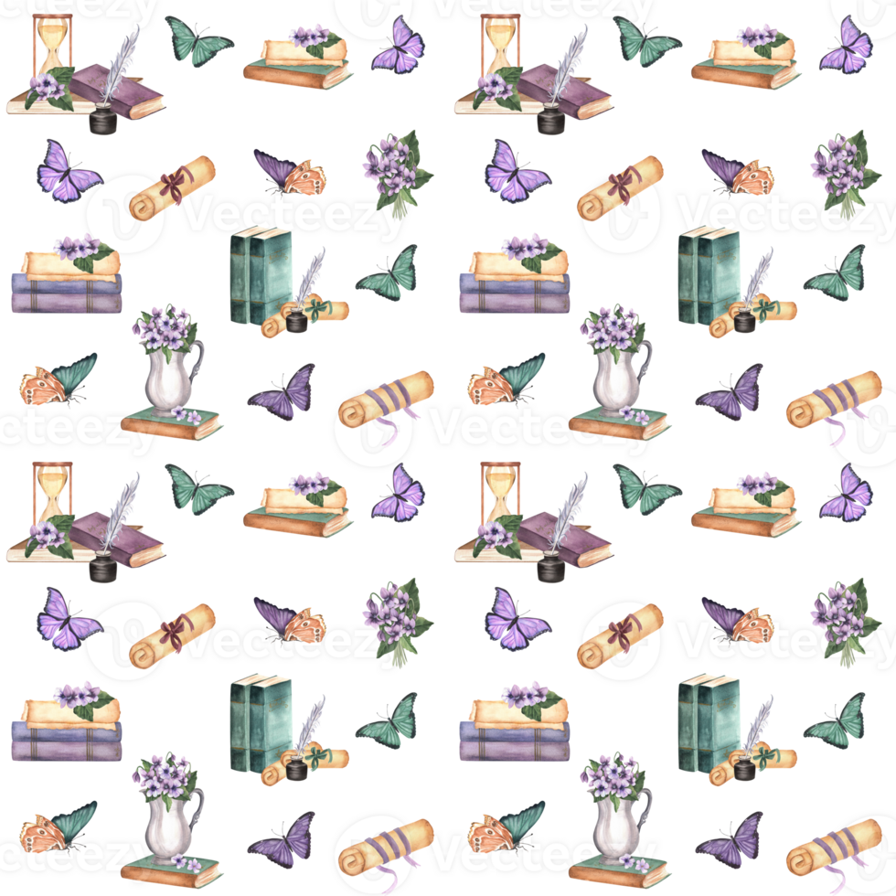Beautiful seamless pattern with hourglass, books, butterflies, paper scrolls, violet flowers, silver jug with a bouquet. Hand-drawn vintage watercolor illustration. png