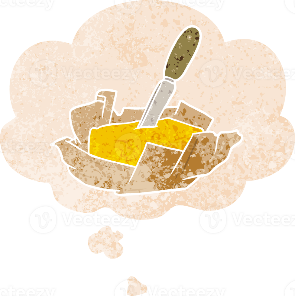 cartoon butter with thought bubble in grunge distressed retro textured style png