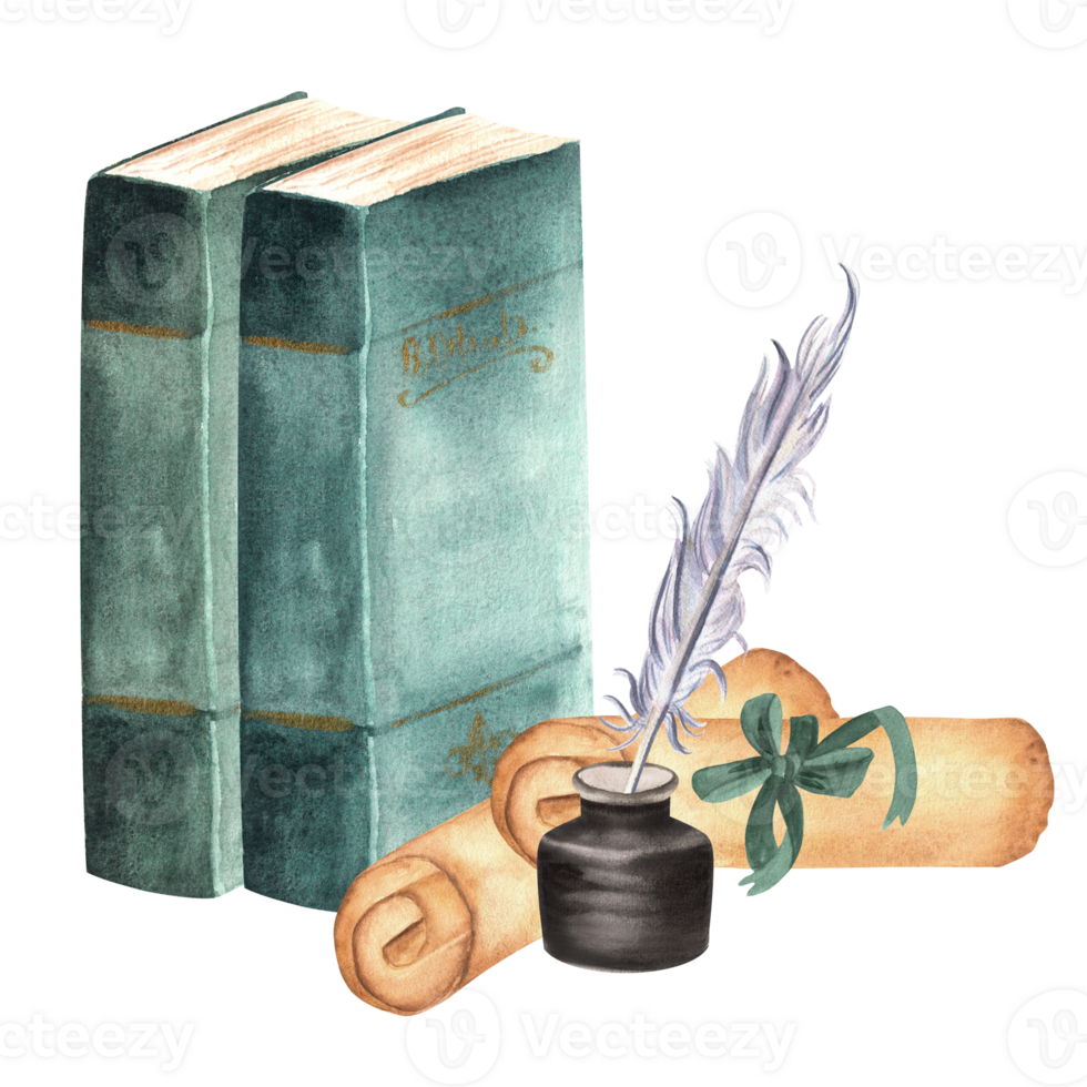 Vintage books, paper scrolls, inkwell and a quill. Old parchments, vintage books with green covers and writing materials. Hand-drawn watercolor illustrations. png
