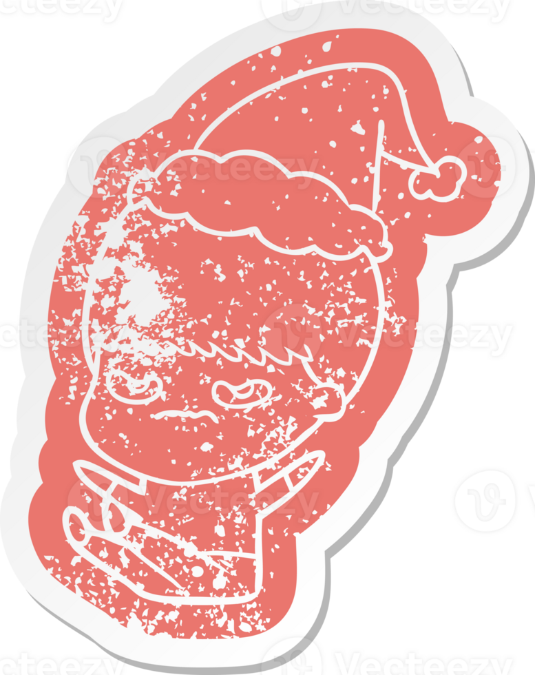 quirky cartoon distressed sticker of a boy wearing santa hat png