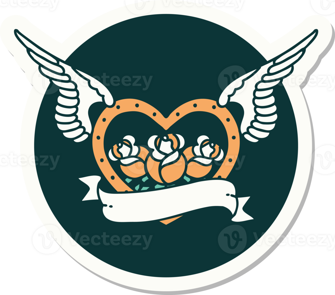 sticker of tattoo in traditional style of a flying heart with flowers and banner png