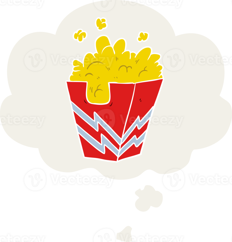 cartoon box of popcorn with thought bubble in retro style png