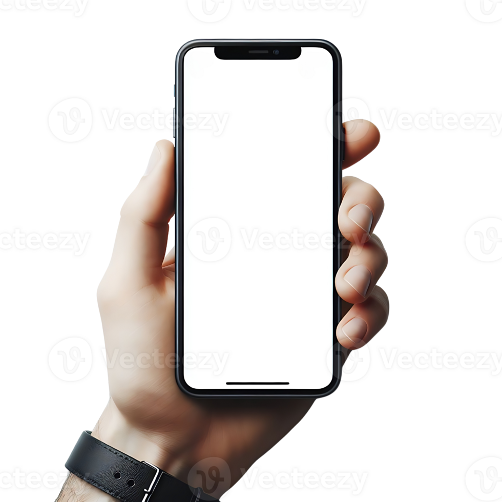 Mockup of smartphone in male hand with clock isolated. Blank white screen. Mobile application design and advertising, online marketing. png