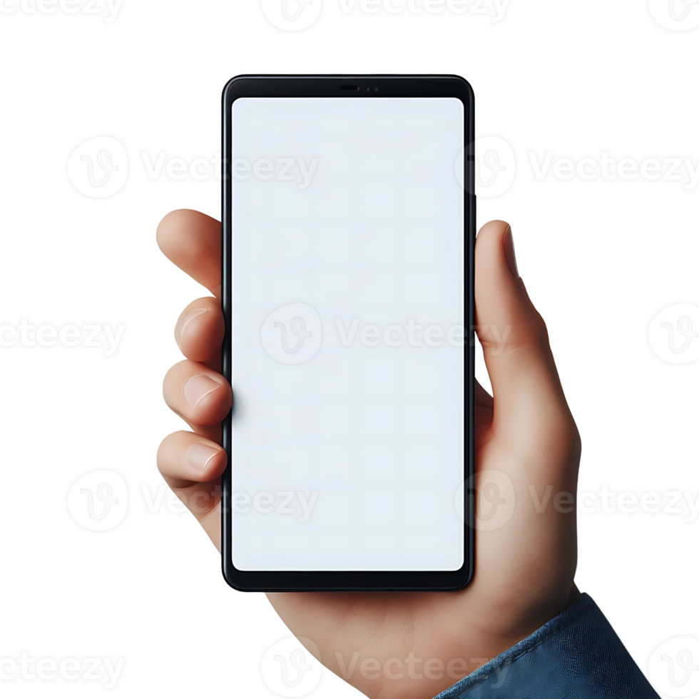 Attrappe, Lehrmodell, Simulation von ein Smartphone im ein des Mannes Hand isoliert. Weiß leer Bildschirm. Handy, Mobiltelefon Anwendung Design und Werbung, online Marketing. png