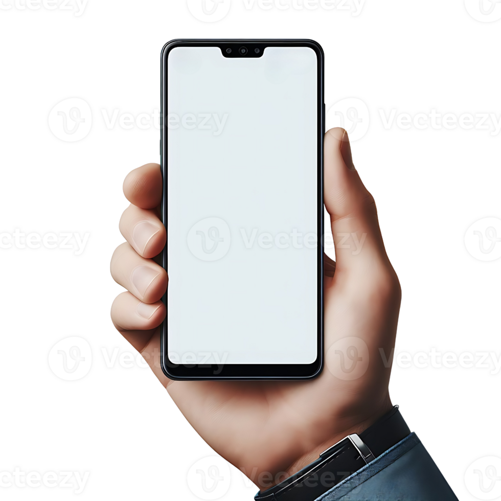 teléfono inteligente Bosquejo en masculino mano con reloj aislado. blanco blanco pantalla. móvil solicitud diseño y publicidad, en línea marketing. png