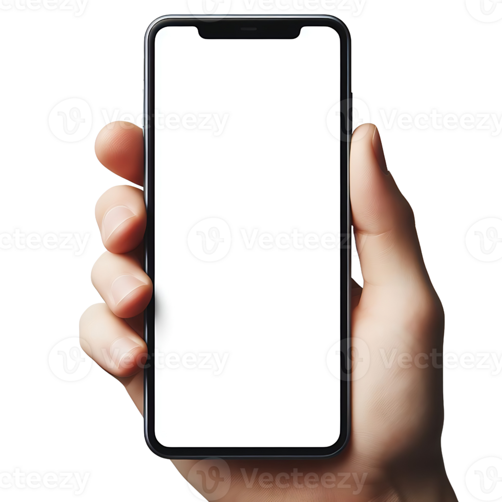 Smartphone Attrappe, Lehrmodell, Simulation im männlich Hand isoliert. leer Weiß Bildschirm. Handy, Mobiltelefon Anwendung Design und Werbung. png