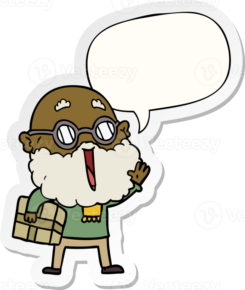 cartoon joyful man with beard and parcel under arm with speech bubble sticker png