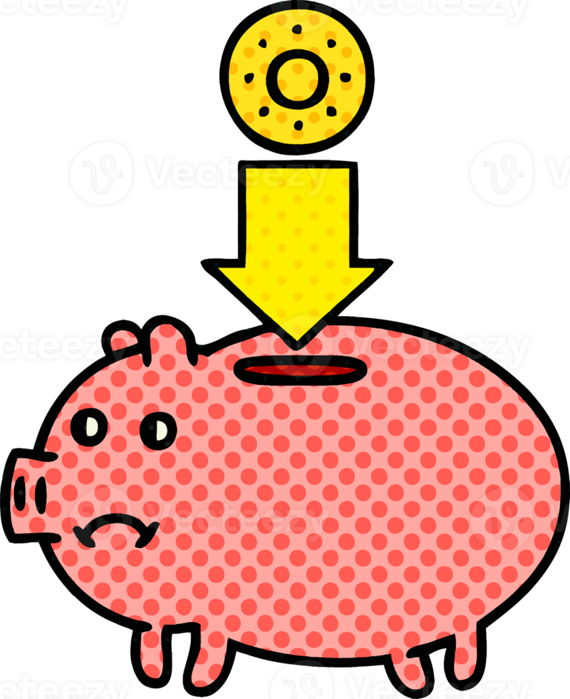 comic book style cartoon of a piggy bank png