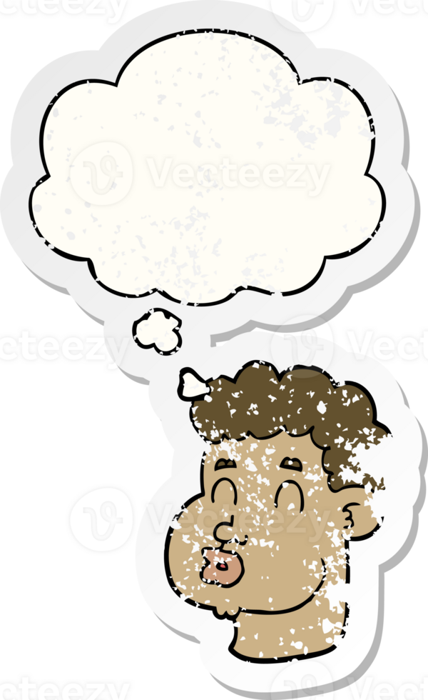 cartoon male face with thought bubble as a distressed worn sticker png