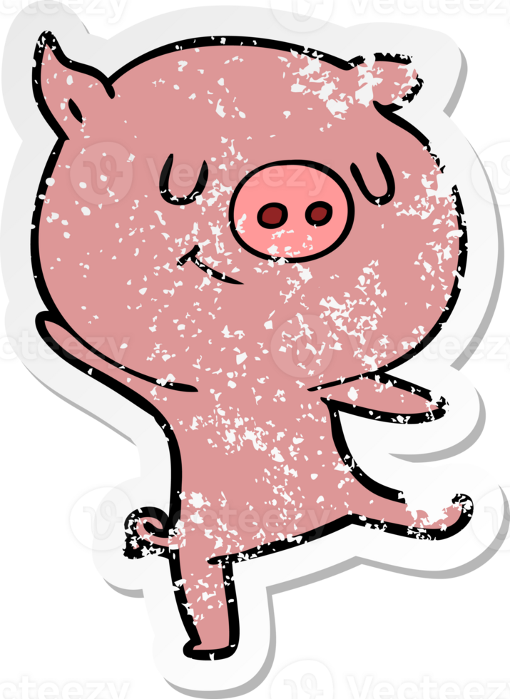distressed sticker of a happy cartoon pig png
