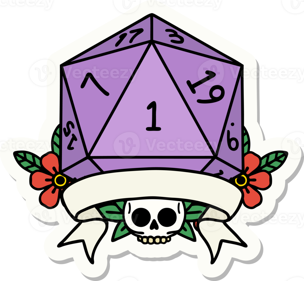 sticker of a natural one d20 dice roll png