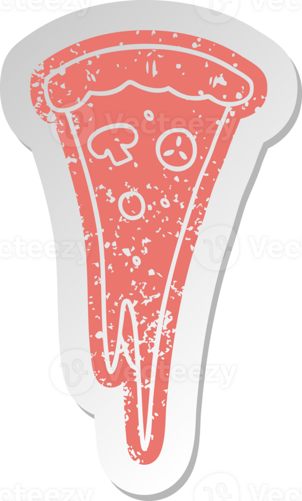 distressed old cartoon sticker of a slice of pizza png