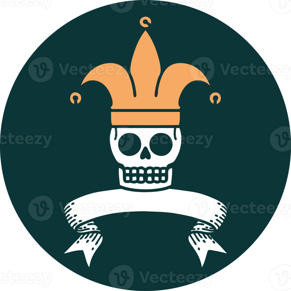 tattoo style icon with banner of a skull jester png