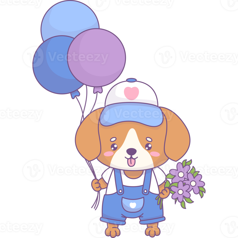 Happy dog with balloons and flowers png