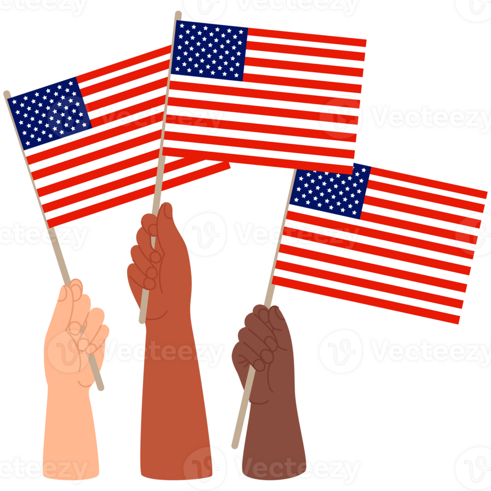 Diverse hands with American flags png