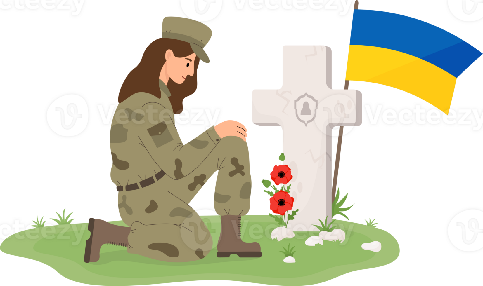 Military soldier woman on one knee in front of grave cross with Ukrainian flag png