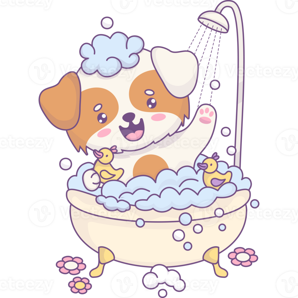 Dog bathes in bath with foam and rubber duck png