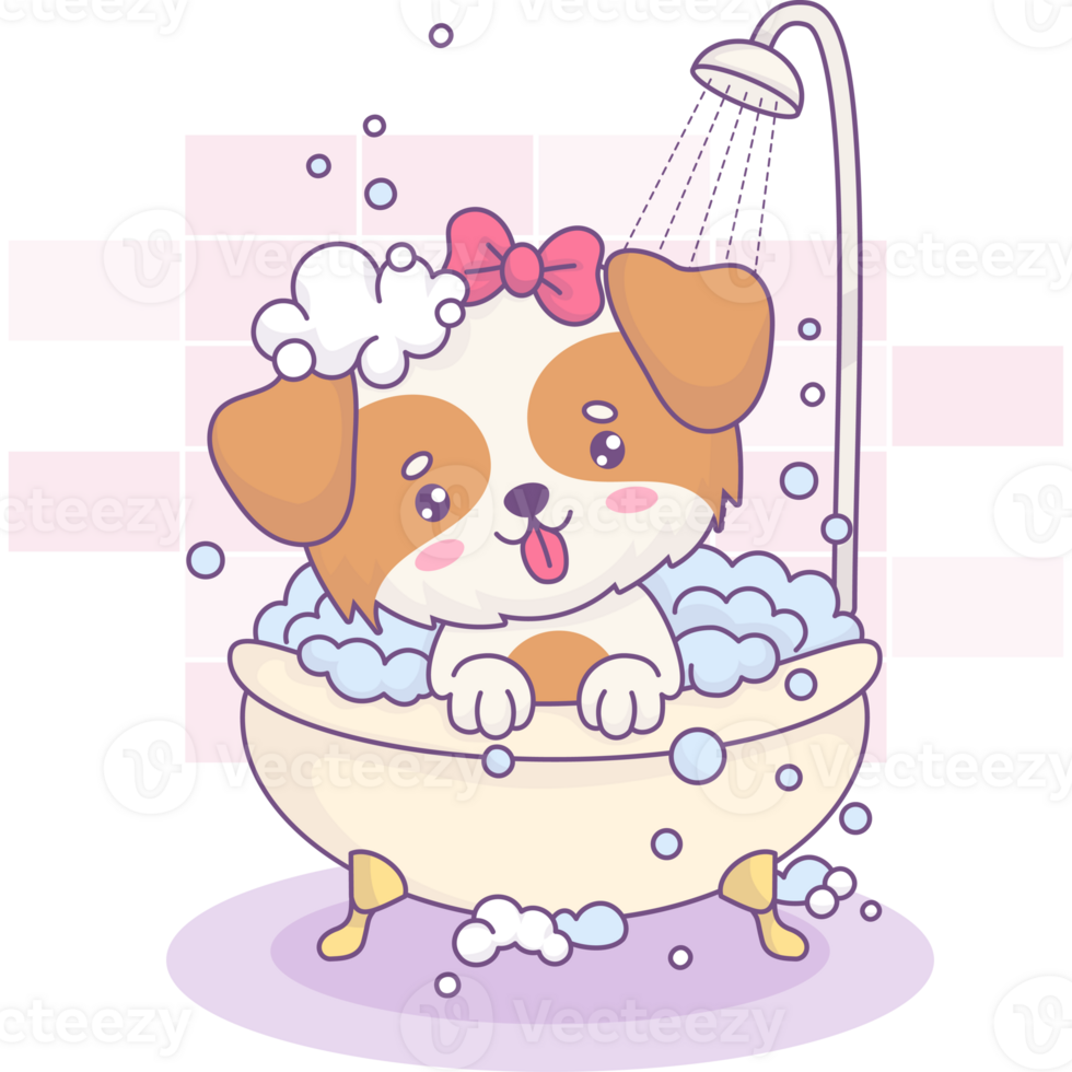 Puppy girl bathes in bath with foam in shower png