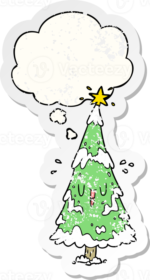 cartoon christmas tree with thought bubble as a distressed worn sticker png
