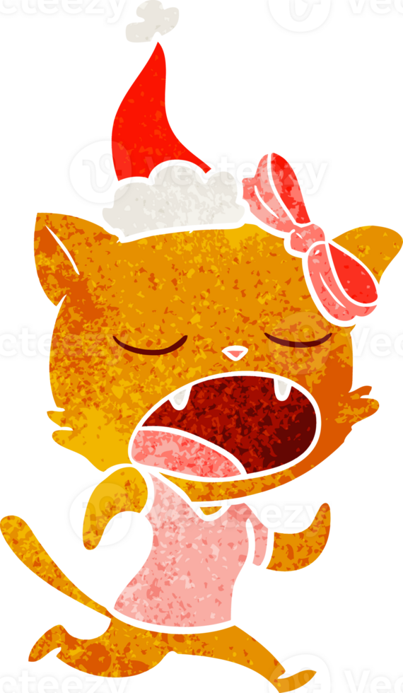 hand drawn retro cartoon of a yawning cat wearing santa hat png