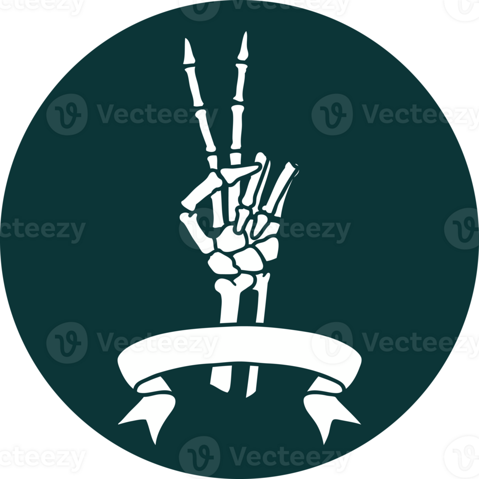 tattoo style icon with banner of a skeleton giving a peace sign png