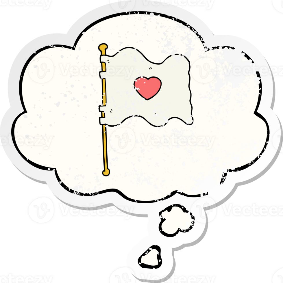 cartoon flag with love heart with thought bubble as a distressed worn sticker png