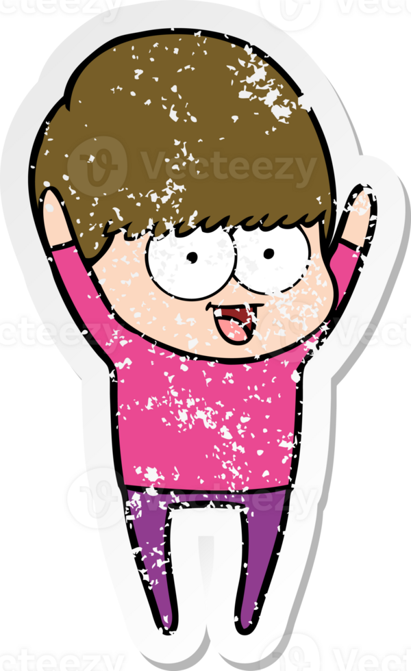 distressed sticker of a happy cartoon boy png