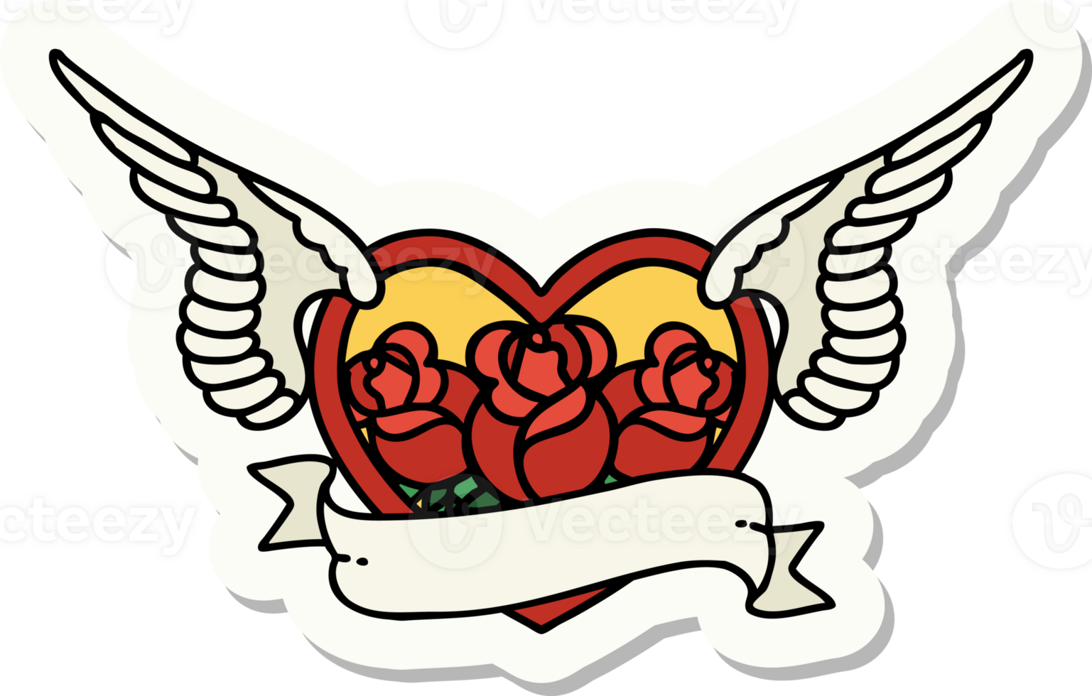 sticker of tattoo in traditional style of a flying heart with flowers and banner png