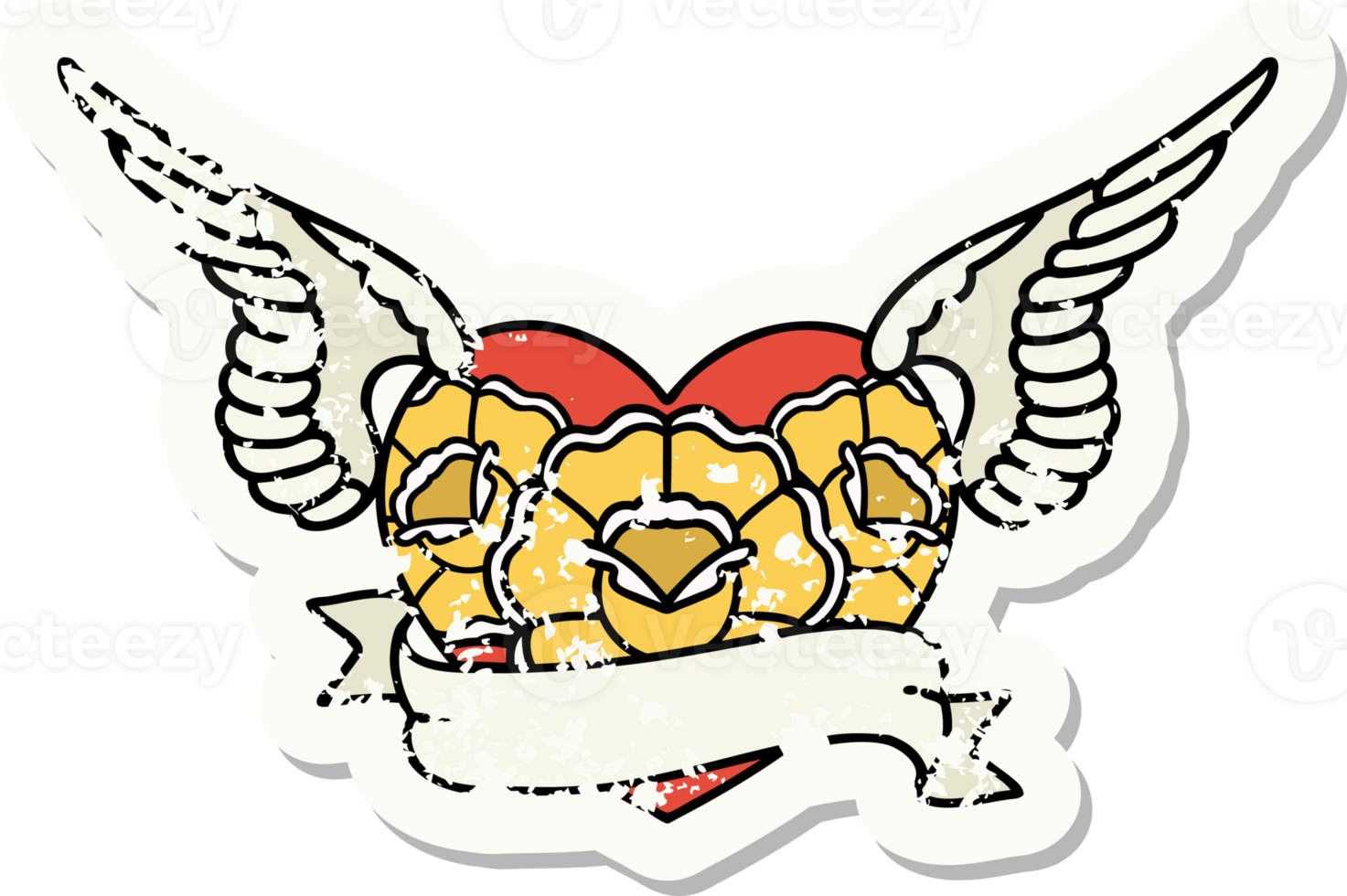 distressed sticker tattoo in traditional style of a flying heart with flowers and banner png