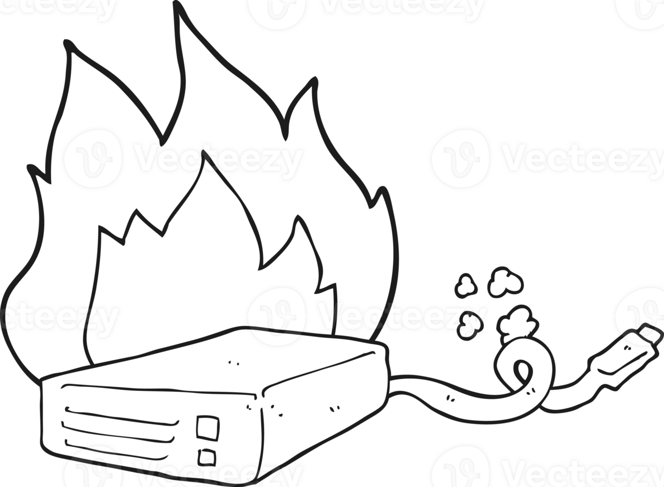 hand drawn black and white cartoon computer hard drive burning png