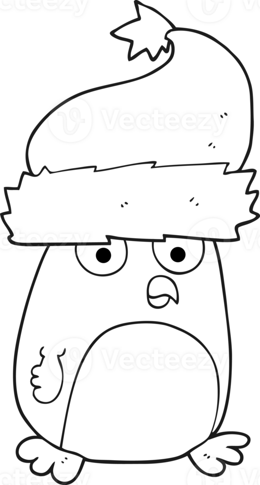 hand drawn black and white cartoon christmas robin wearing christmas hat png