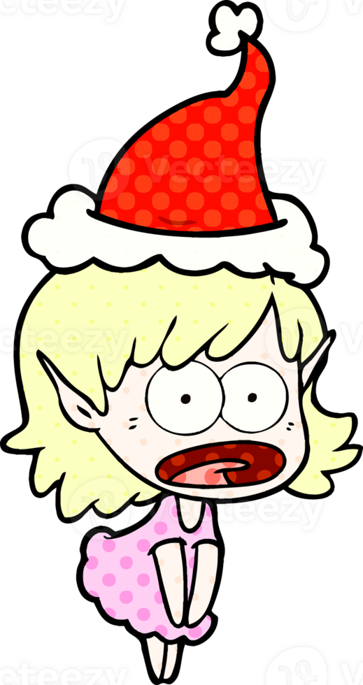 hand drawn comic book style illustration of a shocked elf girl wearing santa hat png