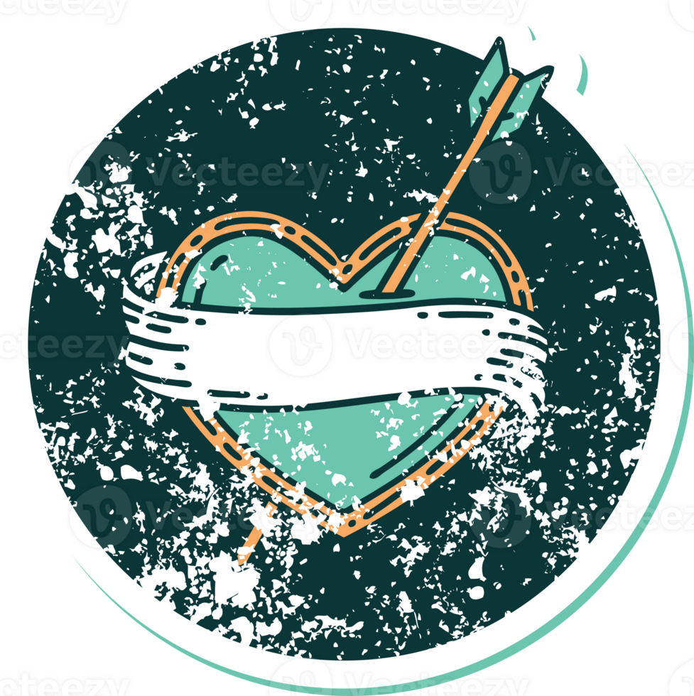 iconic distressed sticker tattoo style image of an arrow heart and banner png