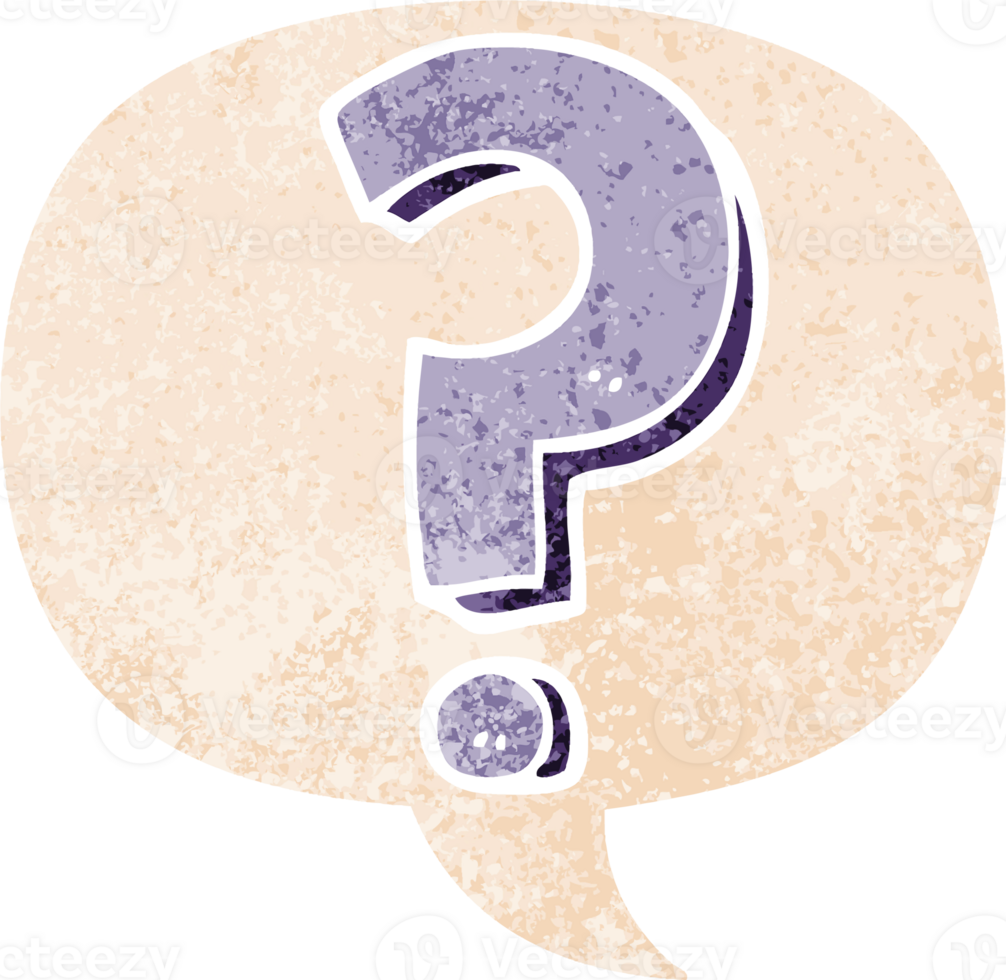 cartoon question mark with speech bubble in grunge distressed retro textured style png