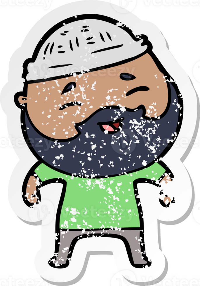 distressed sticker of a cartoon happy bearded man png