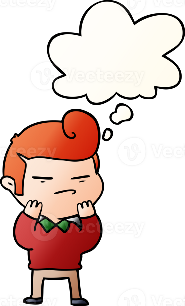 cartoon cool guy with fashion hair cut with thought bubble in smooth gradient style png