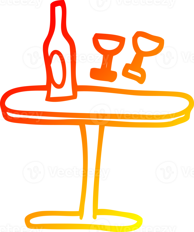 warm gradient line drawing of a cartoon table with bottle and glasses png